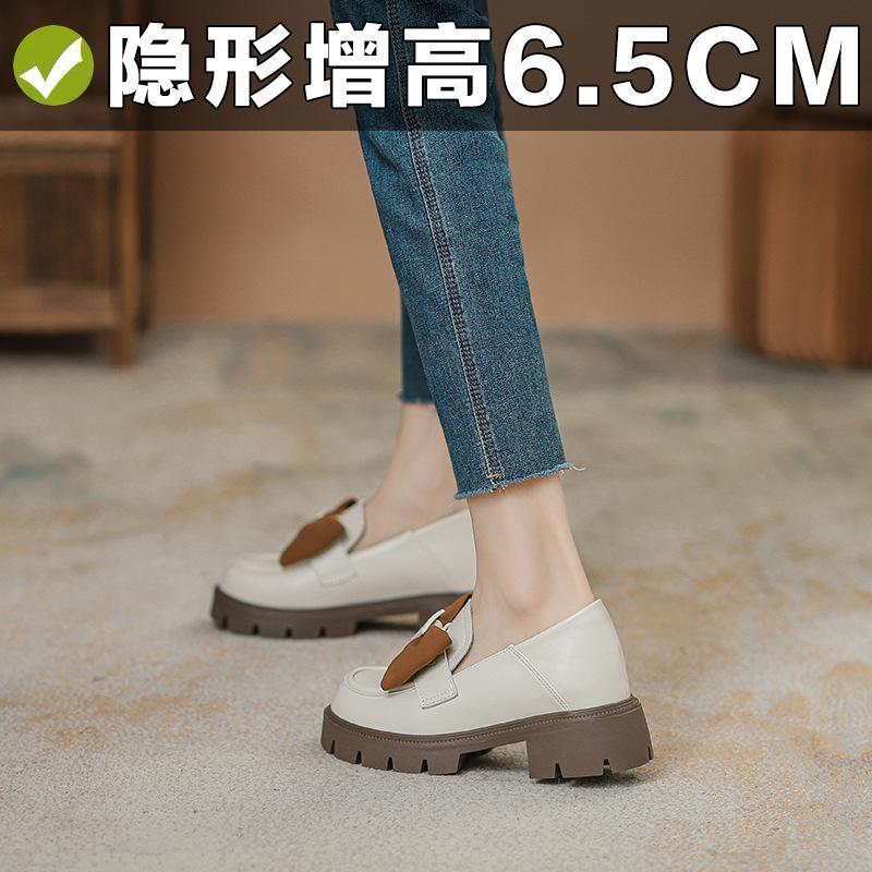 Inner Height-increasing Bow Women's Autumn and Winter Thick-soled Thick Heel Black Small Leather Shoes Doudou Single Shoes