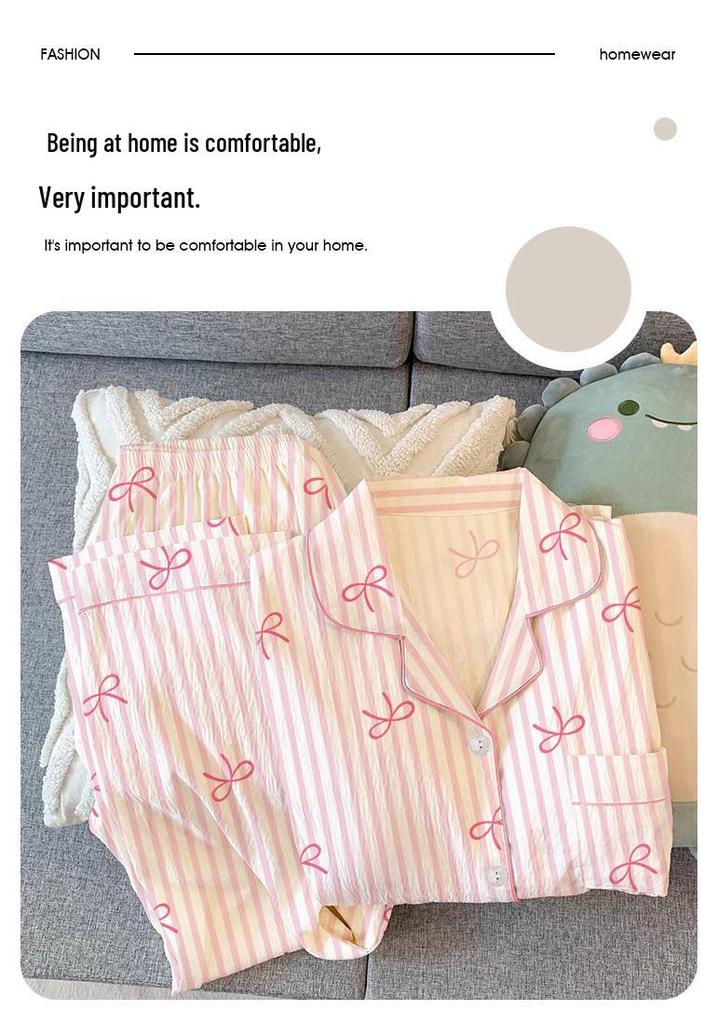 Women's Spring/Summer Pajamas: Long Sleeve & Pants, Loose Fit, Thin, Wrinkled Fabric, Bow & Stripes, Suitable for Outdoors