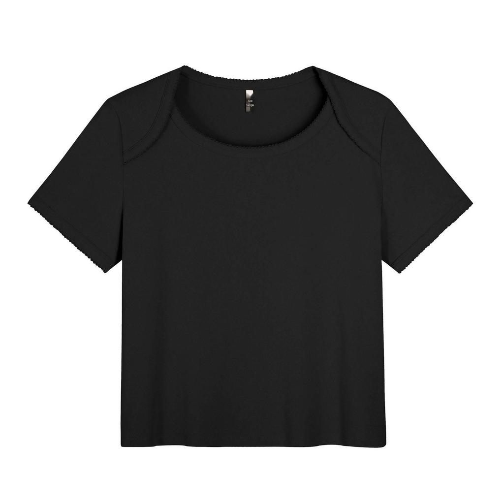 Women's Plus Size Lace Round Neck Two-Piece Look T-Shirt - Short Sleeve, Loose Fit 