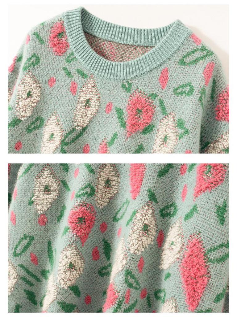 Cashmere Peach Blossom Jacquard Heavy Brushed Sweater, Round Neck, Loose Fit, Thick Wool.