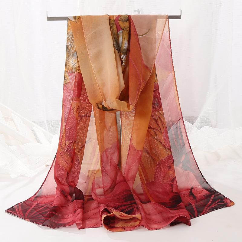 Chiffon Lotus Print Long Scarf - Lightweight, Thin Spring/Autumn Silk Accessory for Middle-Aged & Elderly