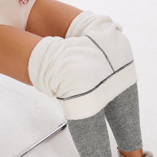 Women Leggings Solid Color High Waist Plush Lining Thickened Warm Pants Tight Fit Cold Weather Leggings