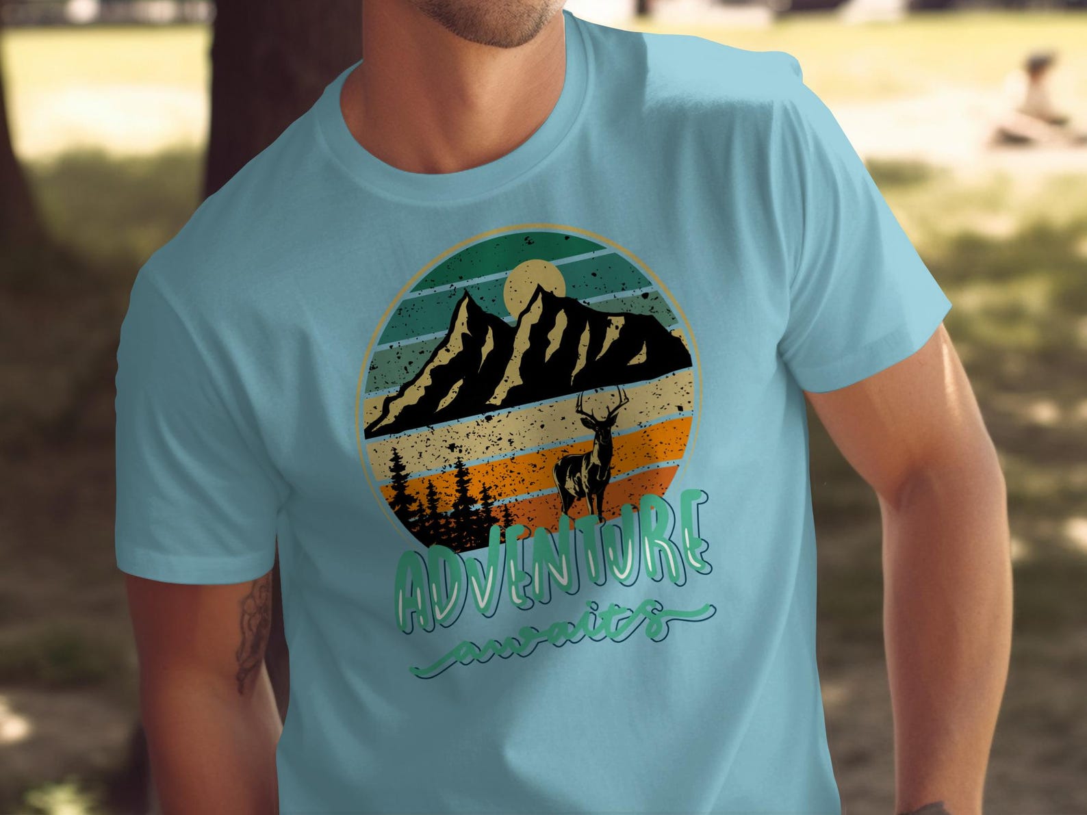 Vintage Mountain Deer Adventure Awaits T-Shirt, Retro Nature Graphic Tee M
