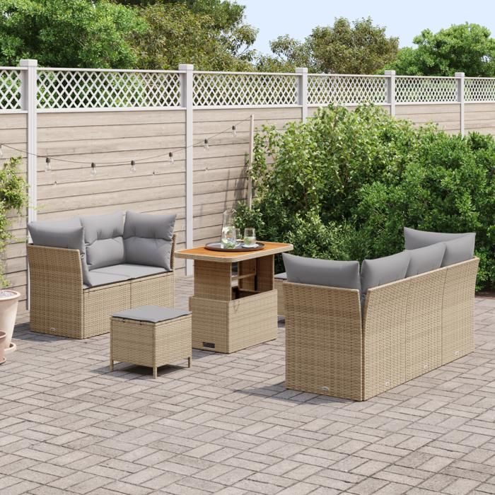 Set de Canapé de Jardin vidaXL 8 Pièces avec Coussins Beige Poly Rattan Acacia, Set de Salle à Manger de Jardin vidaXL 3 3363382