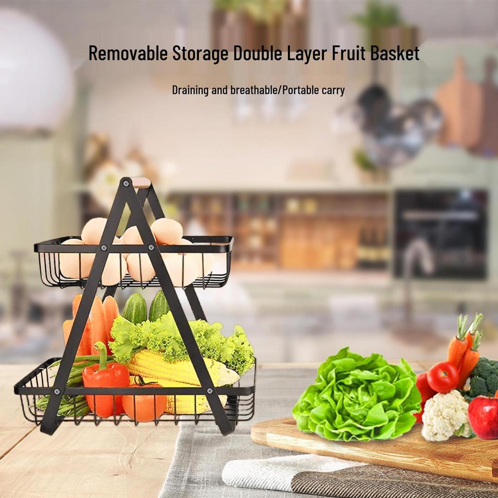 Detachable Double-Layer Wrought Iron Fruit and Snack Basket for Kitchen Countertop Storage