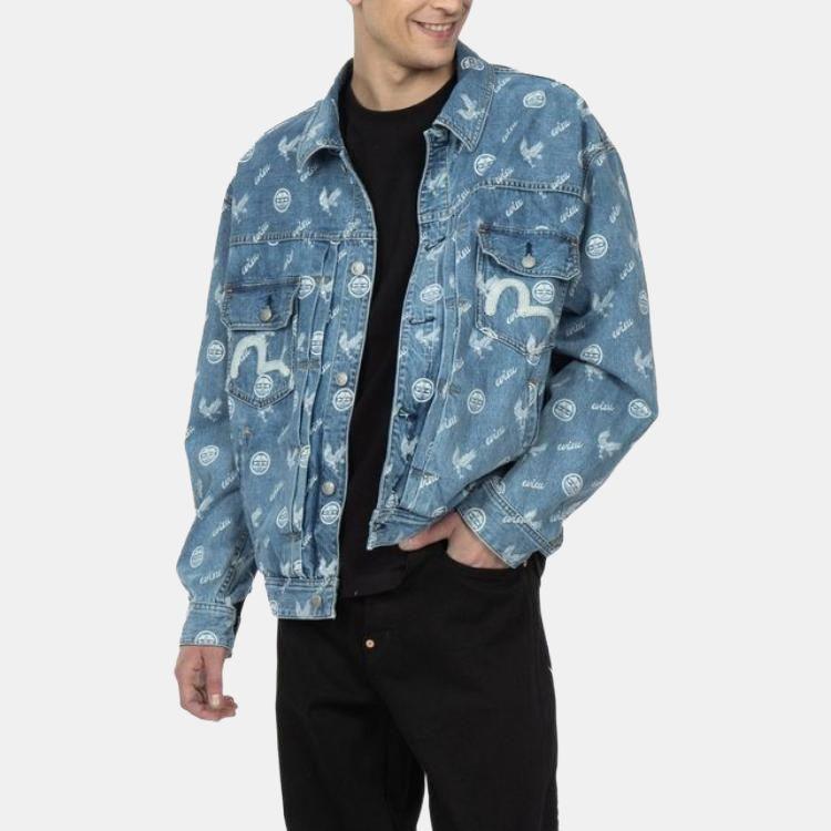 Evisu Bleached Print Single-Breasted Denim Jacket Men Jackets Denim-Blue 2ESHTM3DJ114LFCT