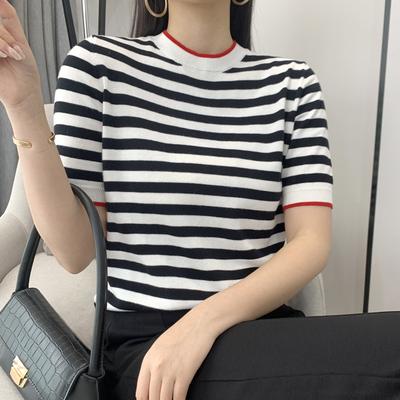 Rundhals Gestrickt Gestreift Kurzärmelig Sommer Neu Altersreduzierend Fleischbedeckend Locker Vielseitig Halbarm Basic-Shirt Oberteil