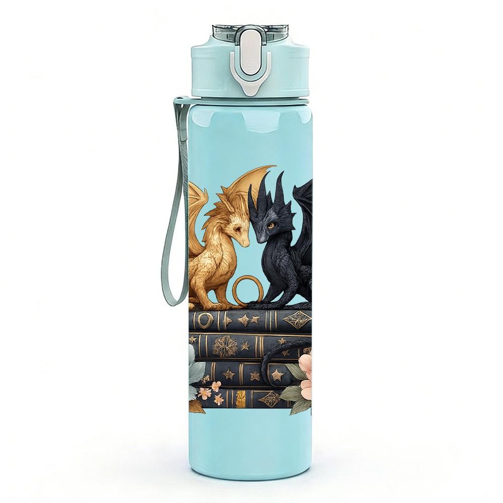 1PC Twin Dragons Book Floral Art 750ml Color Plastic Sports Water Bottle Leakproof Flip Straw Lid Suitable for Sports Office Home Use