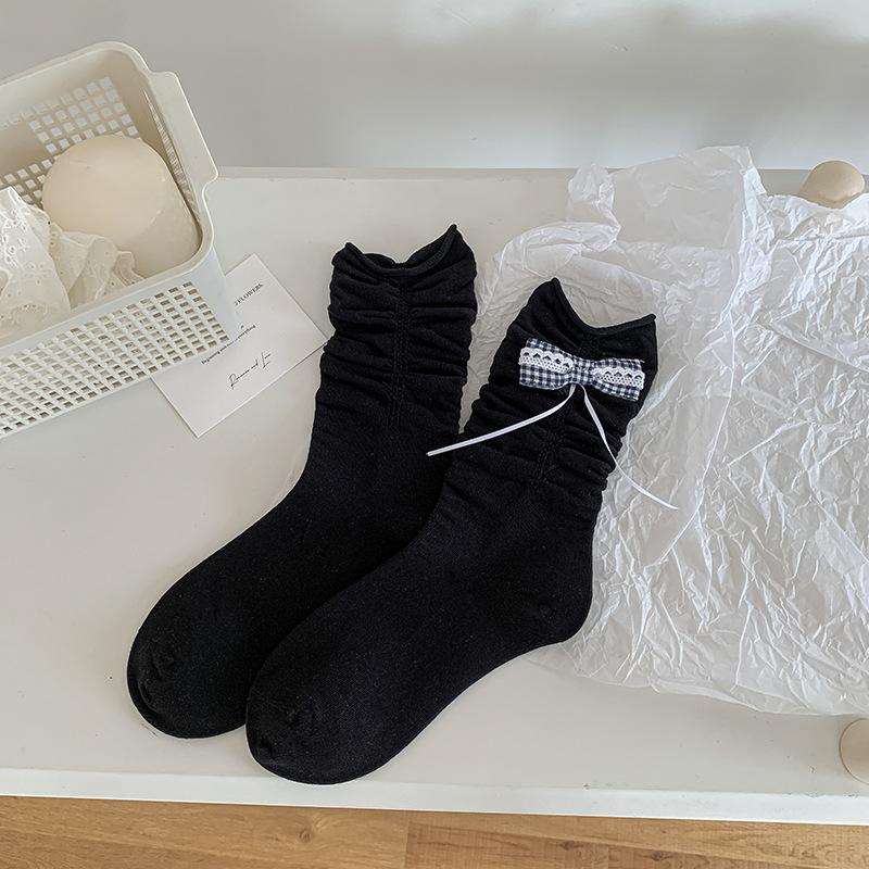 Damen Frühling und Herbst Süße Spitze Gitter Schleife Plissiert Gerollter Rand Ballett Wind Trommel Stapelsocken