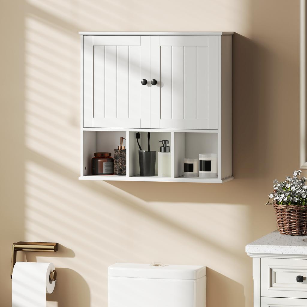 Wall-mounted bathroom cabinet, storage furniture with 2 doors, adjustable shelf and open compartments, white