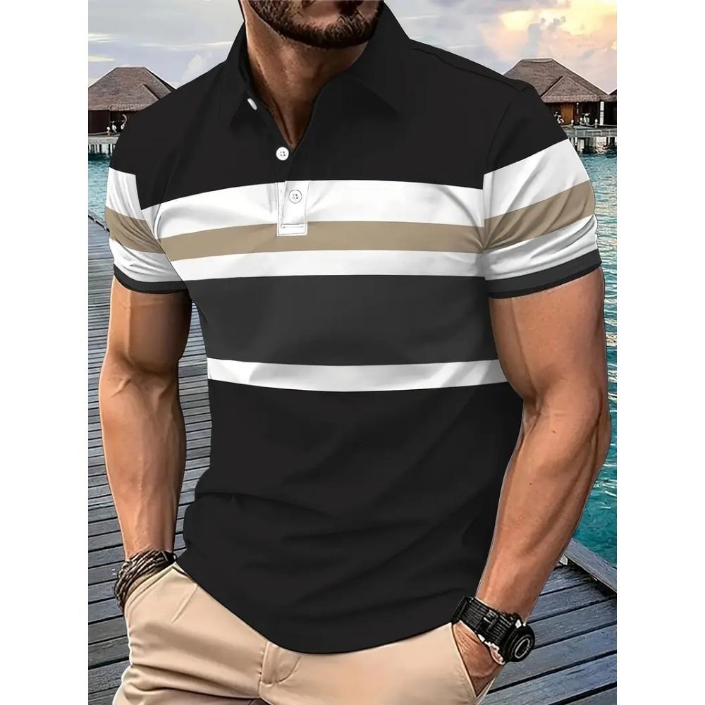 3D Print Men's Polo Shirts Summer Classic Stripes Color Matching