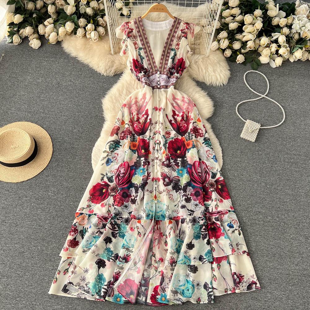 Summer Sweet Ethnic Style Retro Deep V-neck Wooden Ear Edge Sleeveless Printed Dress Women Cake Fairy Long Dress