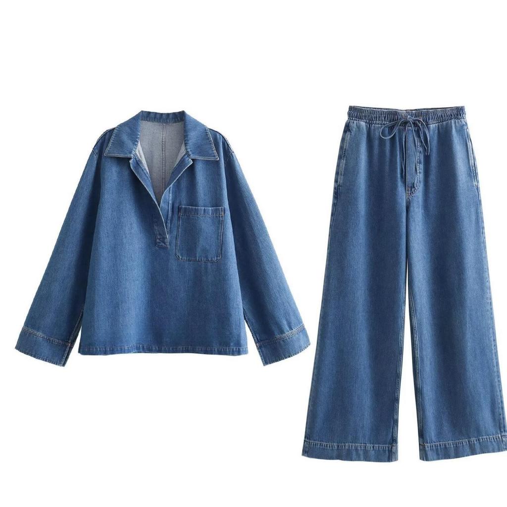 Damenmode Denim-Top und Langhosen-Set mit elastischer Taille