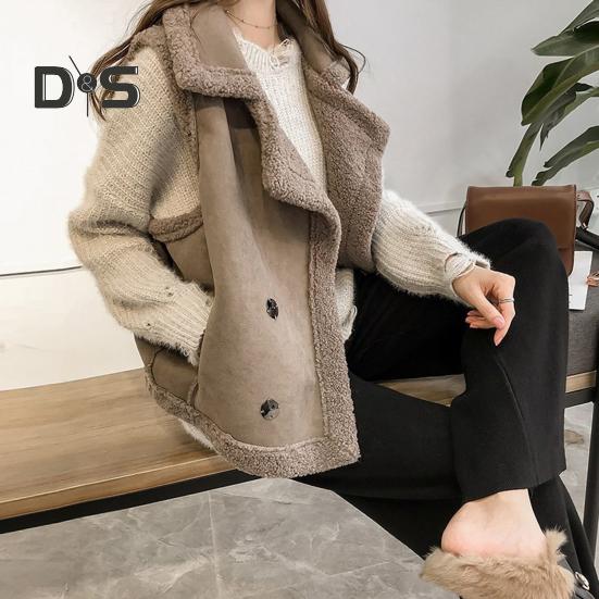 Women Waistcoat Sleeveless Lapel Double-Breasted Short Style Solid Color Casual Cardigan Thickened Velvet Lining Vest Coat