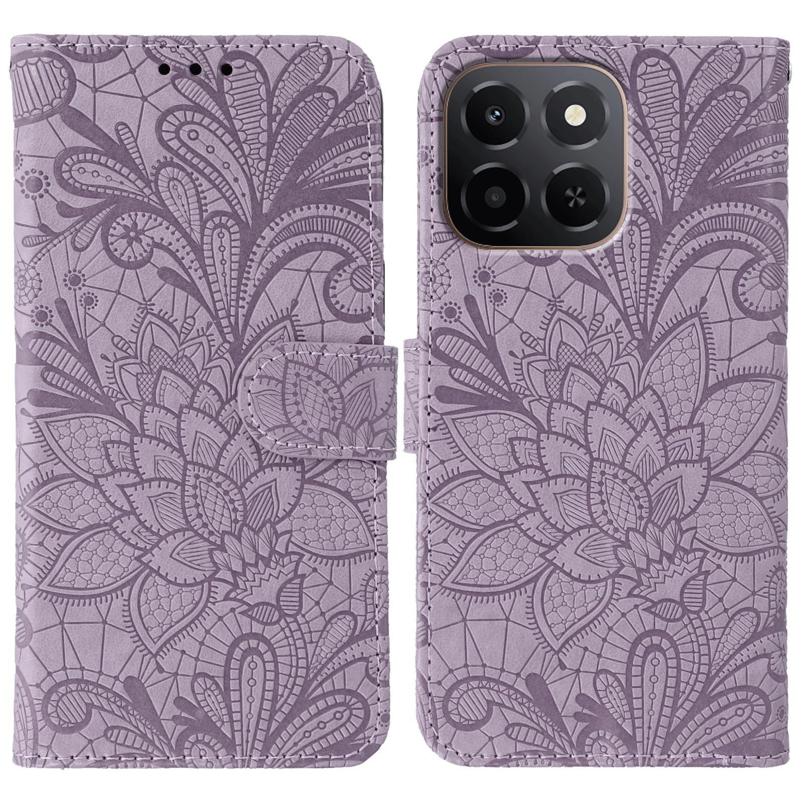 

For Honor X6c 4G Case Lace Flowers PU Leather Flip Wallet Phone Cover Purple