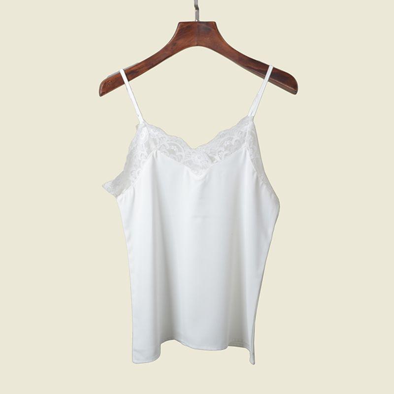 Silky Satin Lace Patchwork Camisole Summer Sexy Inner Wear Pure Color Mint Green V Neck Vest
