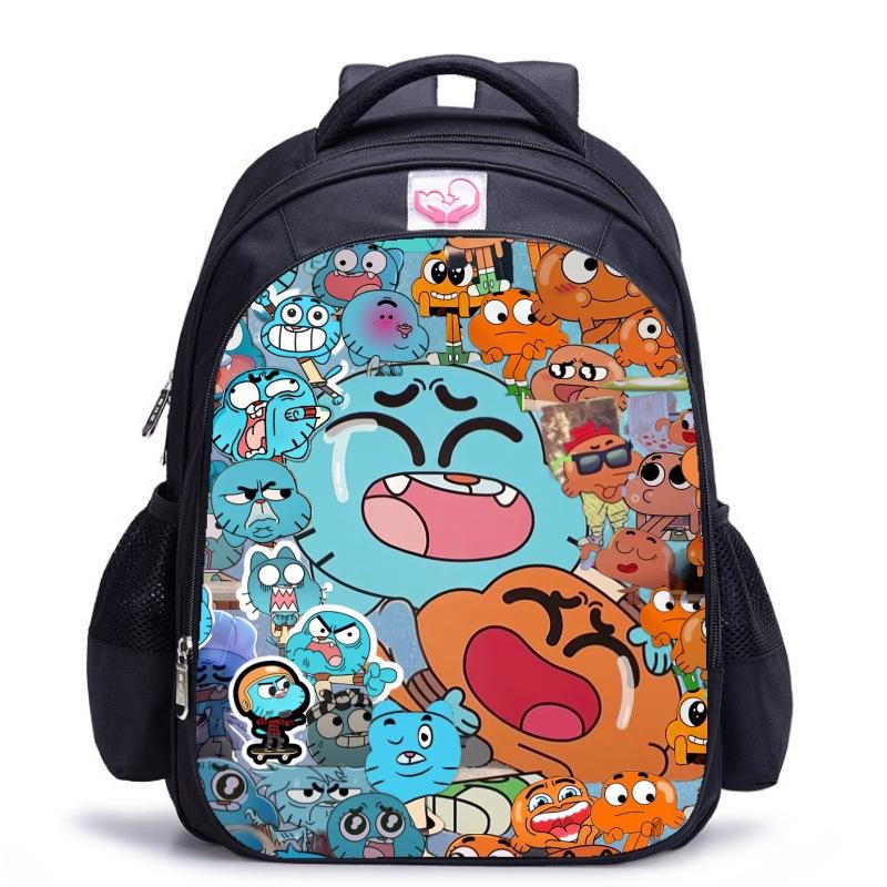Zaino Scuola per Bambini, Testa Grande Gatto Blu Forrest Gump Scuola di Animazione, Tessuto Oxford Nero Resistente allo Sporco Grande Capacità.