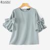 ZANZEA Women Fashion Round Neck Lantern Short Sleeve Tied Blouses
