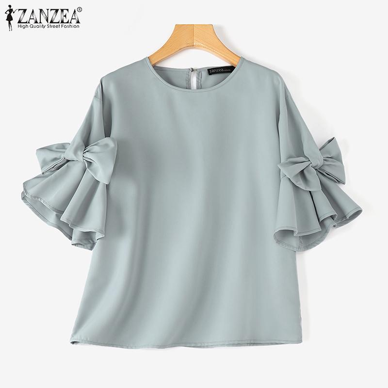 ZANZEA Women Fashion Round Neck Lantern Short Sleeve Tied Blouses