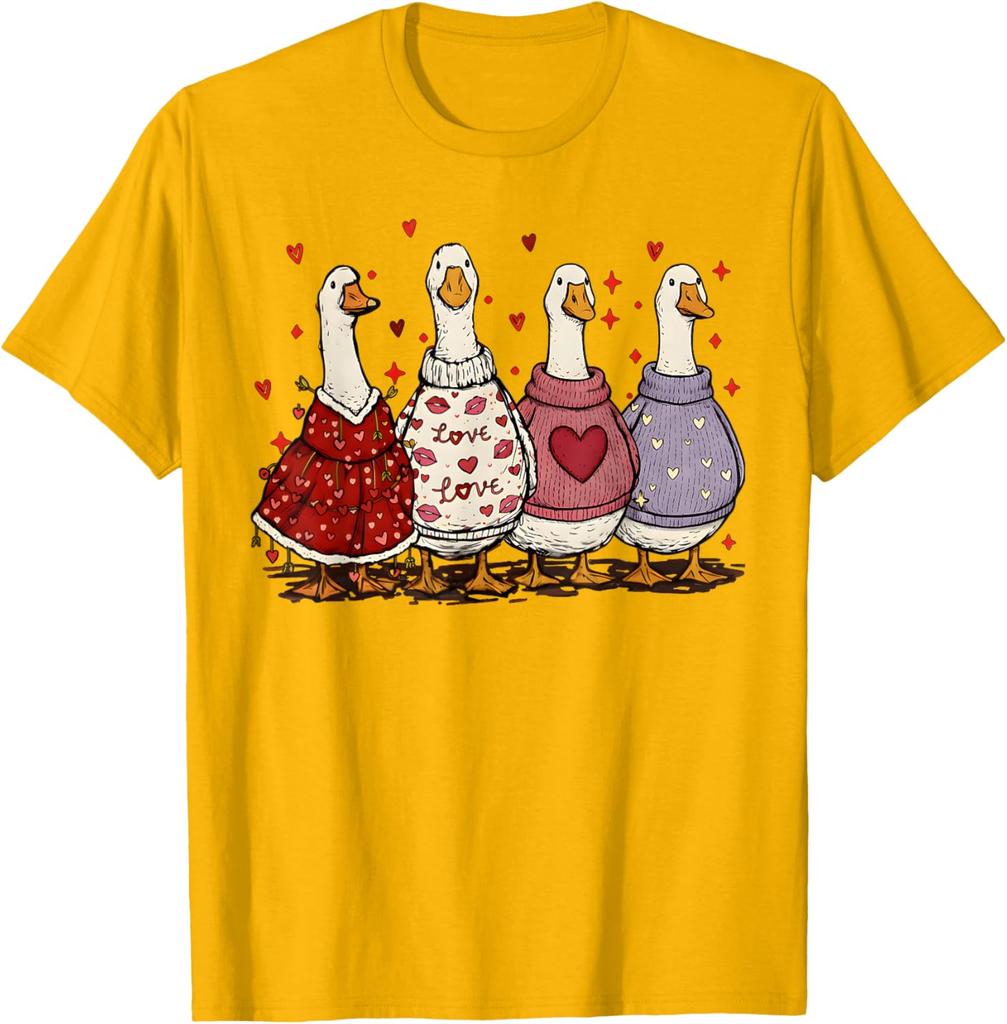 Cute Valentines Day Geese Ducks In Sweaters Graphic T-Shirt Casual Daily Wear