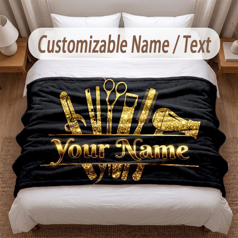 Barber Salon Theme Soft Blanket Personalized Custom Name Text Print Warm Blanket Home Sofa Bedroom Decor