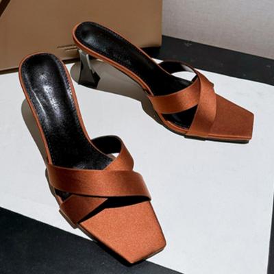 Summer New High Heel Slippers Square Head Open Toe Cross with A Line Satin Anti-slip Wear-resistant Fine Heel Sandals