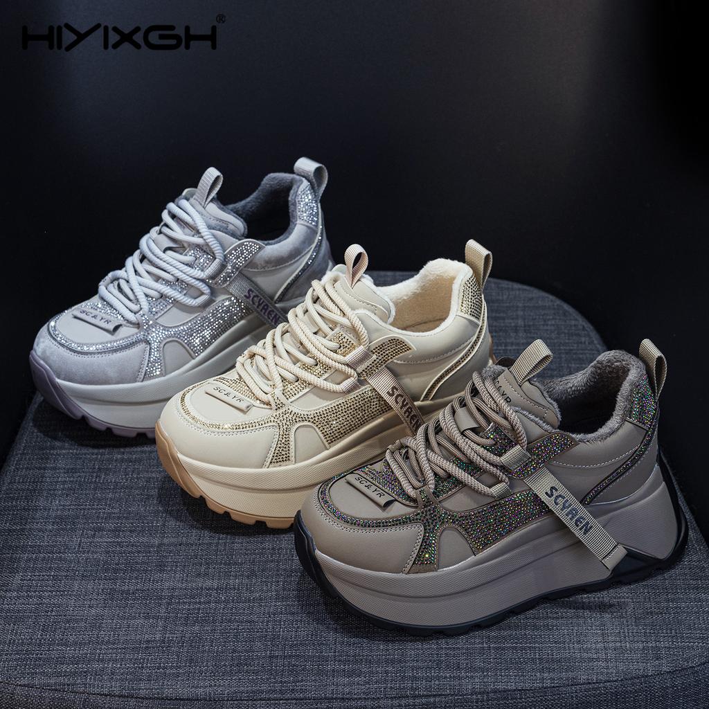 8cm Chunky Sneakers Platform Heel Women Casual Shoes Genuine Leather Comfortable Walking Shoes Warm Fur Winter Shoes