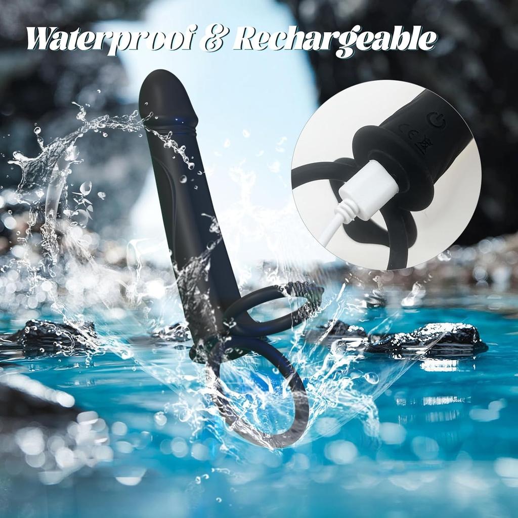 Silicone Vibrating Anal Plug, Double Penetrating Dildo with Cock Ring 10 Frequency Vibrating Ass Plug - No Battery Sex Toy