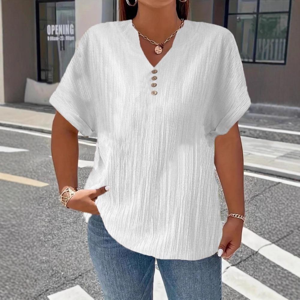 Dámské letní tričko s krátkým rukávem ve větší velikosti, jednobarevné, s knoflíkem, elegantní ležérní tričko