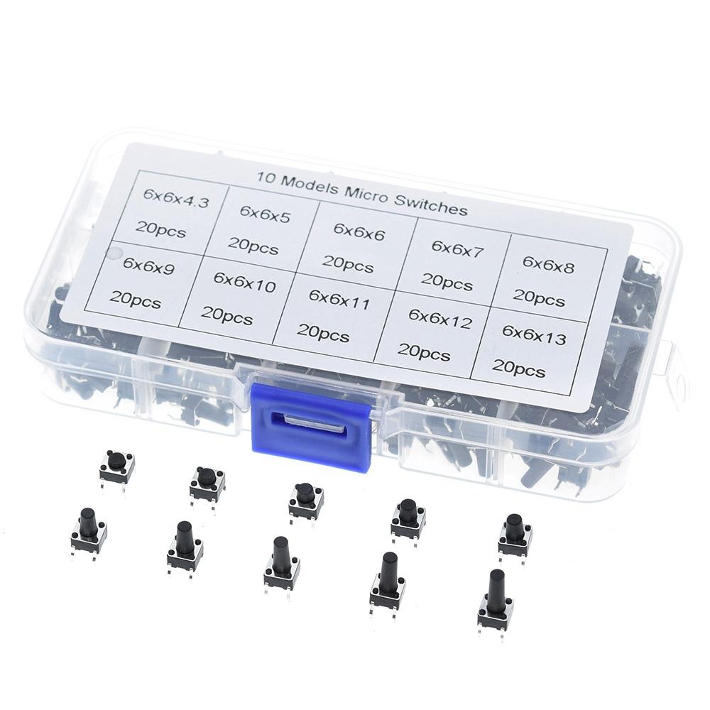 10 kinds 100/200PCS 6*6 Tact Switch Tactile Push Button Switch Kit, Height: 4.3MM~13MM DIP 4P micro switch 6x6 Key switch TZT