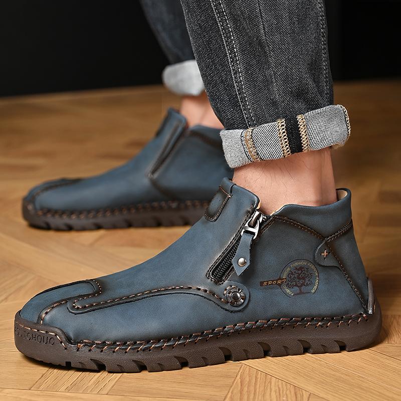 Spring Leather Men Short Boots Autumn Lace up Flats Medium top Shoes Outdoor Male Breathable Casual Shoes Handmade Mens Boots