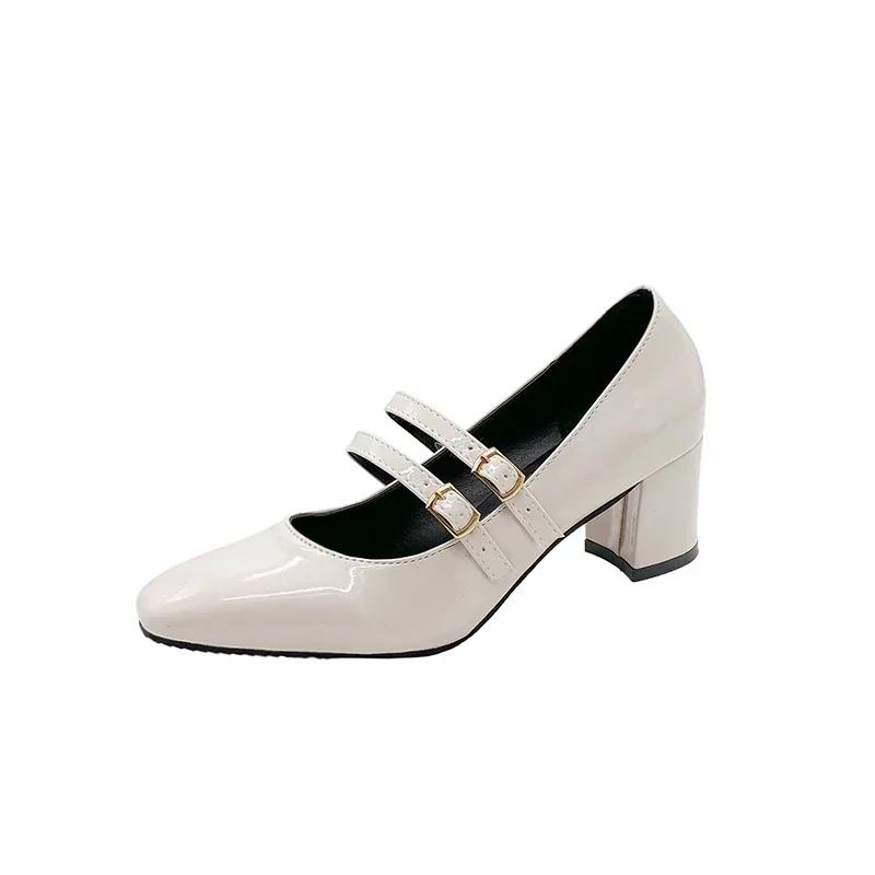 Fashion 2025 Spring Autumn Women Double Buckle Pumps Shoes Leather Square Head Square Heel Solid Color Women's Shoes Heeled Loafers