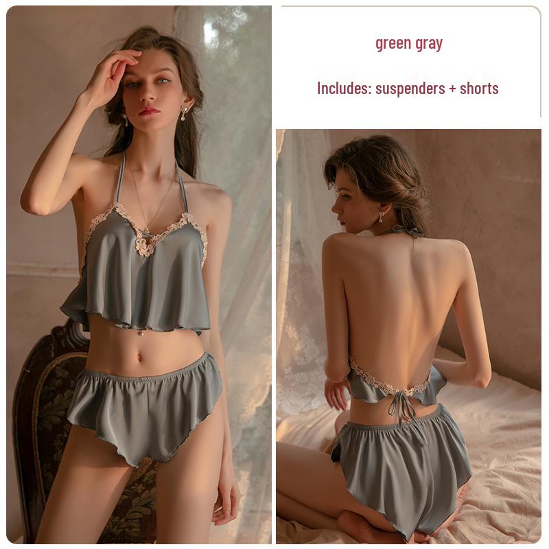 Guiruo Satynowa Koronka Damski Zestaw Piżamowy: Uwodzicielska koszulka na ramiączkach i prześwitujące szorty - Styl 705