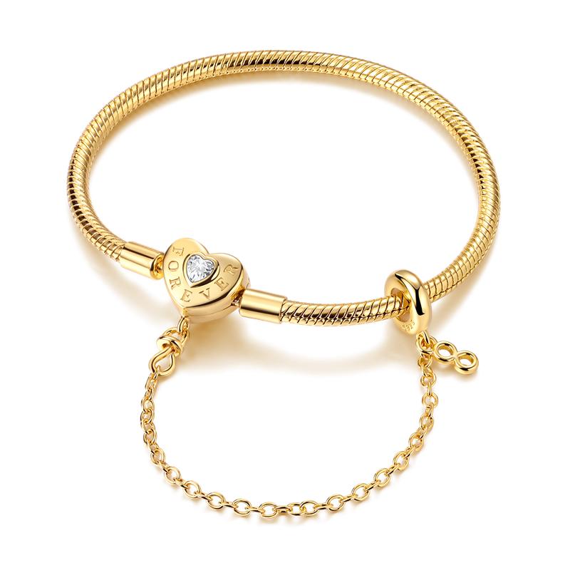 925 Silver Heart Bracelet 17-20CM Sparkling Golden DIY Charms Beads Fashion Jewelry for Women