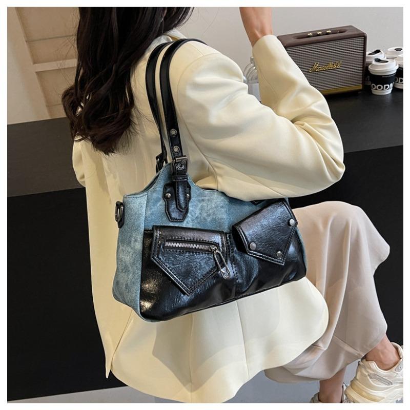 Vintage Euro-American Large Capacity Shoulder Bag New Crossbody Bag Patchwork Women Bag Minimalist Soft Leather Tote Bag