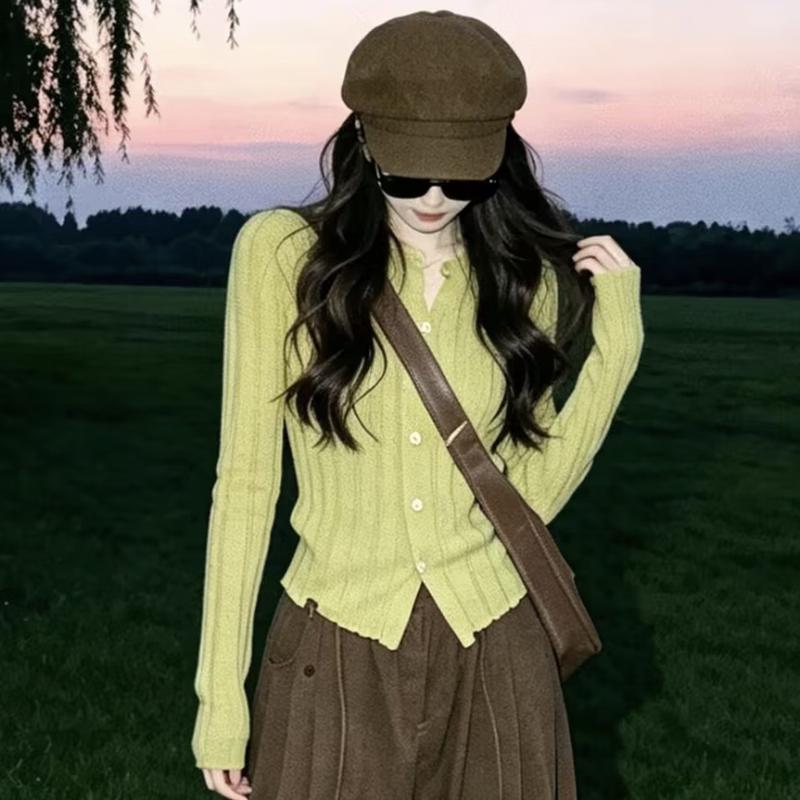 Zuose 2026 Autumn Avocado Green Knit Cardigan