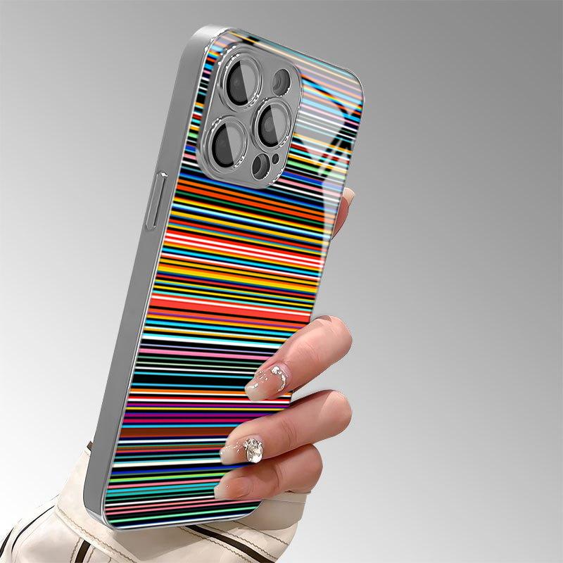 Colorful StripesTempered Glass Electroplated Phone Case For iPhone 18 17 16 Pro Max 15 14 Plus 13 12 11 Pro Max 16E 17 Air Cover