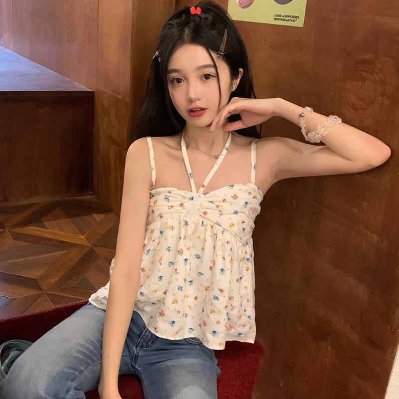 French Sweet Small Fresh Floral Sling Vest Women's Spring and Summer New Versatile Pure Desire Sweet and Spicy Lace-up Inner Top