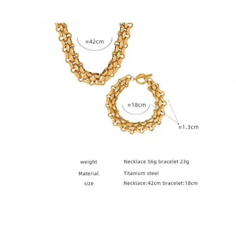 Vintage Cuban Link Chain Bracelet Set With Geometric Pendant Gold Steel Tone Titanium Jewelry Women