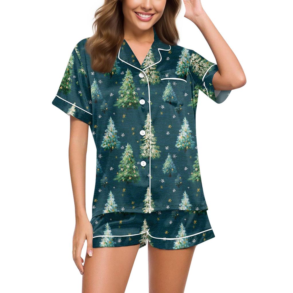 Dammode Lös Casual Topp Shorts Tvådelad Set Jul Tryckt Pyjamas Set