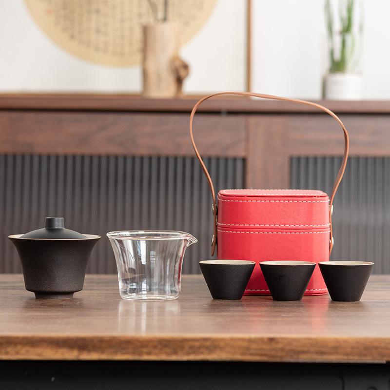 

Light luxury travel tea set cover bowl Kuaike three cups outdoor portable handbag high-end ceramic glass tea maker gift