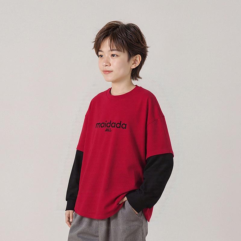 

Korean Style Kids Warm Long-Sleeve Cotton Cashmere T-Shirt for Fall/Winter - Boys Fake Two-Piece Base Layer 160 cm червоний