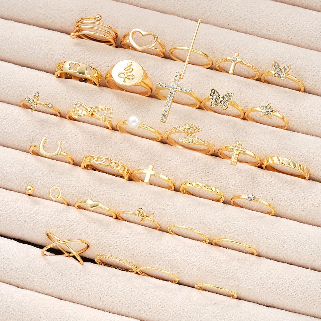 30 Elegant Stacked Zinc Alloy Rings Fashionable Studded Butterfly Cross Alloy Rings Gold Daily Clothing Party Accessories