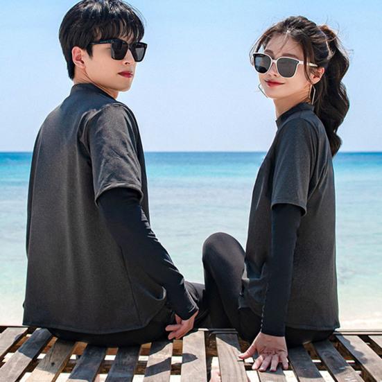 2 Pcs/Set Unisex Swimsuit Set Long Sleeves Quick-drying Fake Two-Piece Top Loose High Elasticity Adjustable Waist Couple Surfing Diving Clothes