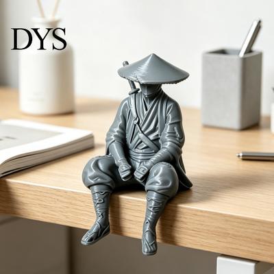 Desktop Archeology Rack Decor 3D Printed Ancient Chinese Hermit Warrior Figurine, Swordsman Statue with Bamboo Hat, Creative Desk Decoration