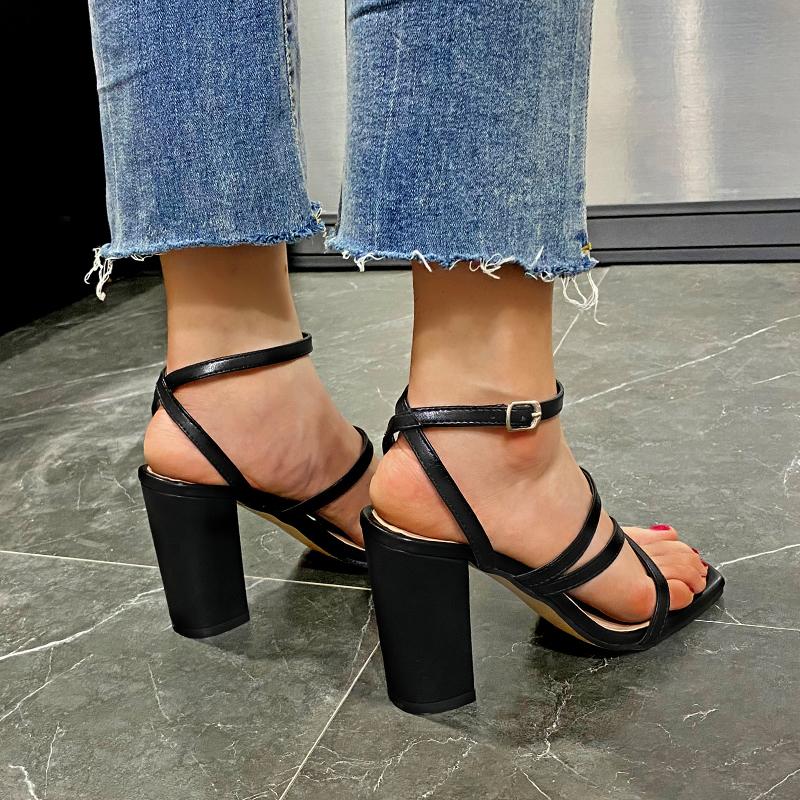 FashionSummer Ladies White High Heel Sandals Simple Sandals Square Toe Open Toe Straps Women Sandals Womens Shoes