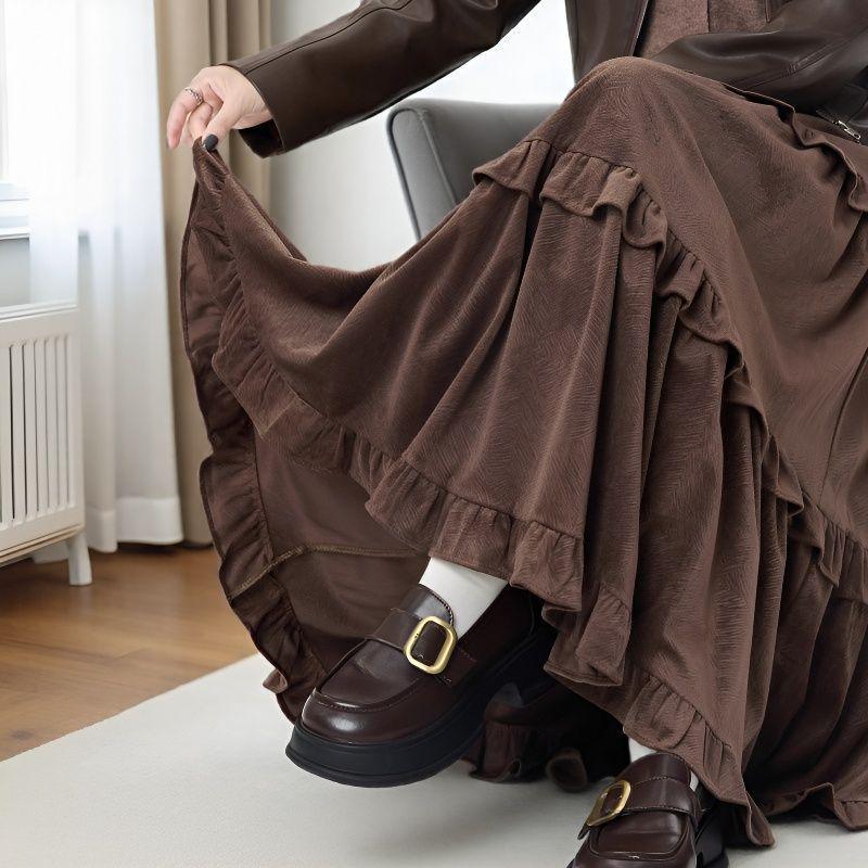 Women's 2026 A-Line Layered Velvet Umbrella Skirt with Elastic Waist - Mid-Length, In Stock