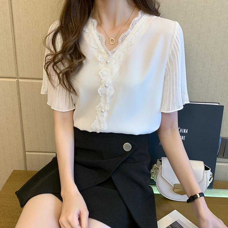 Women's Lace V-Neck Chiffon Short-Sleeve Summer Top - Stylish & Elegant
