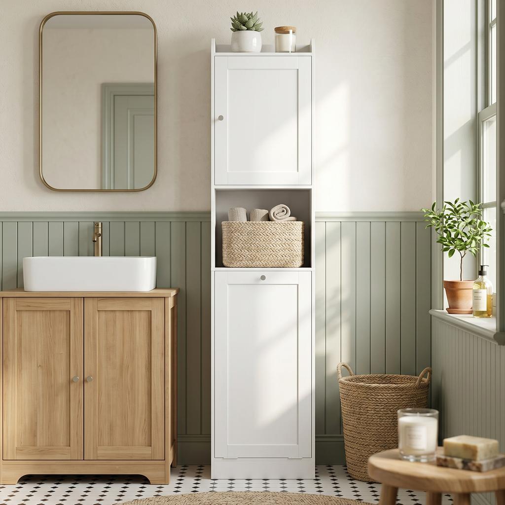 Tall Bathroom Cabinet with Flip Basket and Shelves, 40x30x170 cm, White