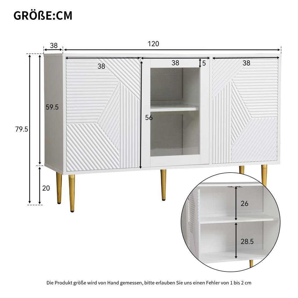 Sideboard mit 3 Türen, Kommode mit Glastür und Metalfüßen Buffetschrank für Esszimmer Wohnzimmer oder Flur, 120x38 x79.5 cm, Weiß
